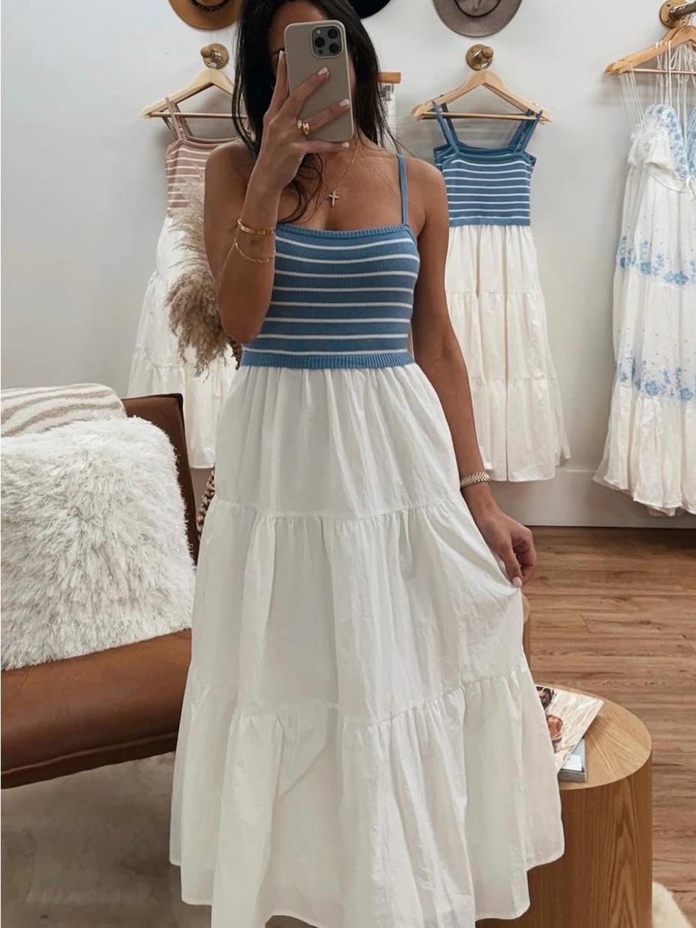 BRAND NEW Blue Striped Knit Bodice White Tiered Maxi Dress